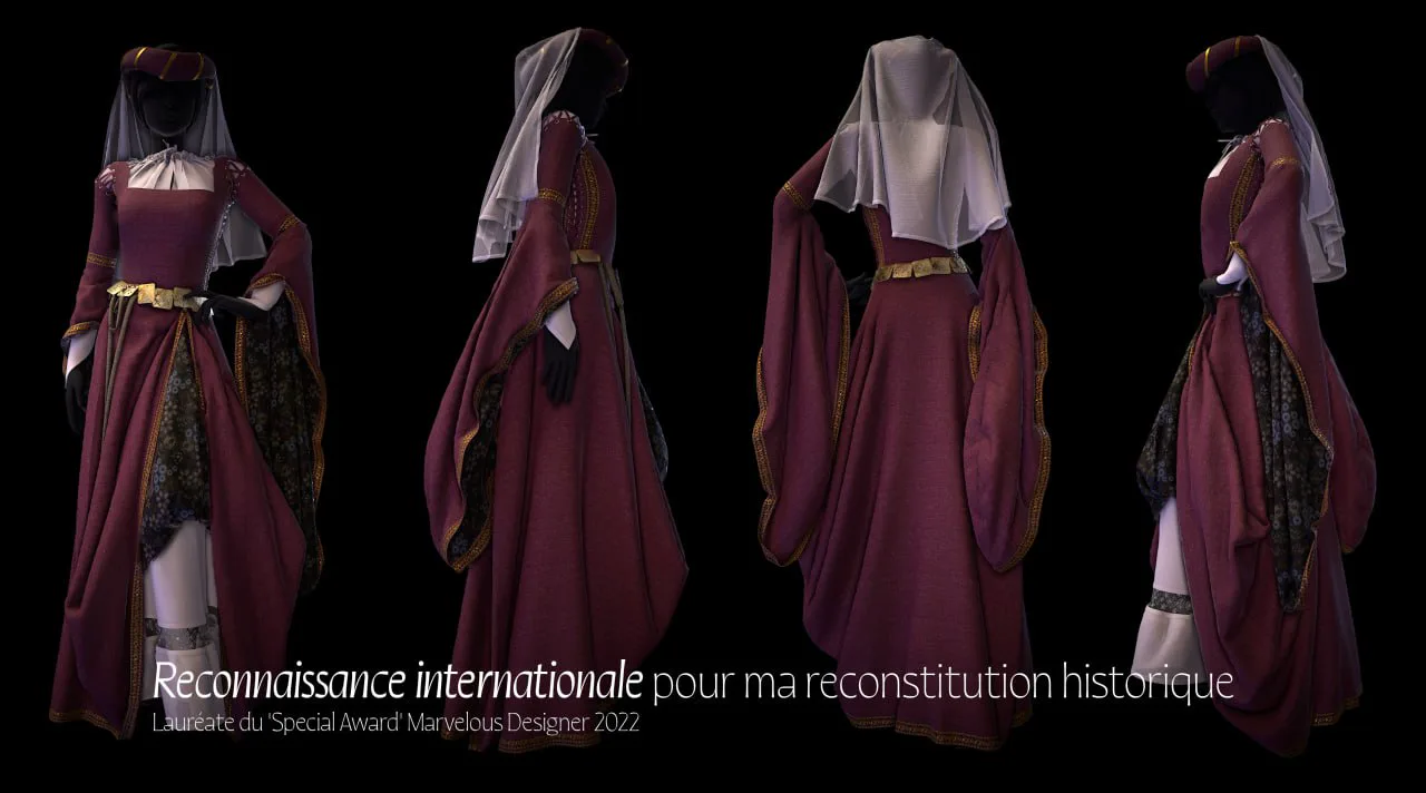 Reconstitution 3D d'une robe médiévale en quatre vues — lauréate du Special Award Marvelous Designer 2022