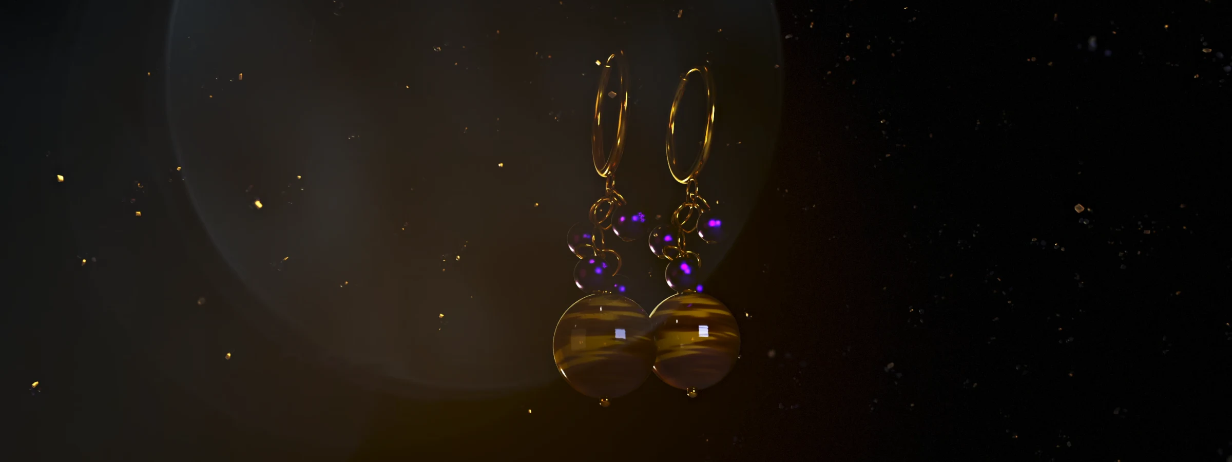Une paire de boucles d’oreilles en œil-de-tigre et améthyste mise en scène en 3D, extrait de la campagne L’Écrin Onirique