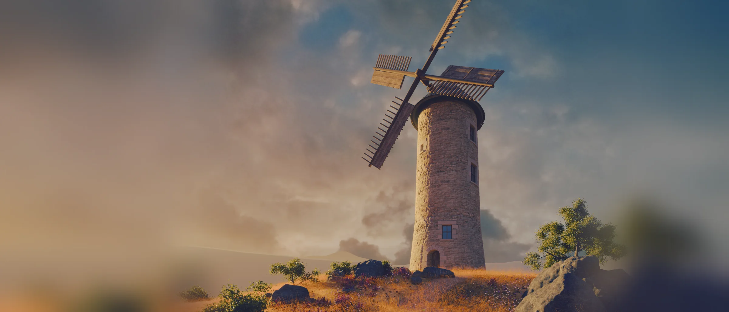 Le moulin de Bel Air reconstitué en 3D tel qu’en 1850, ailes déployées sur sa butte au soleil couchant