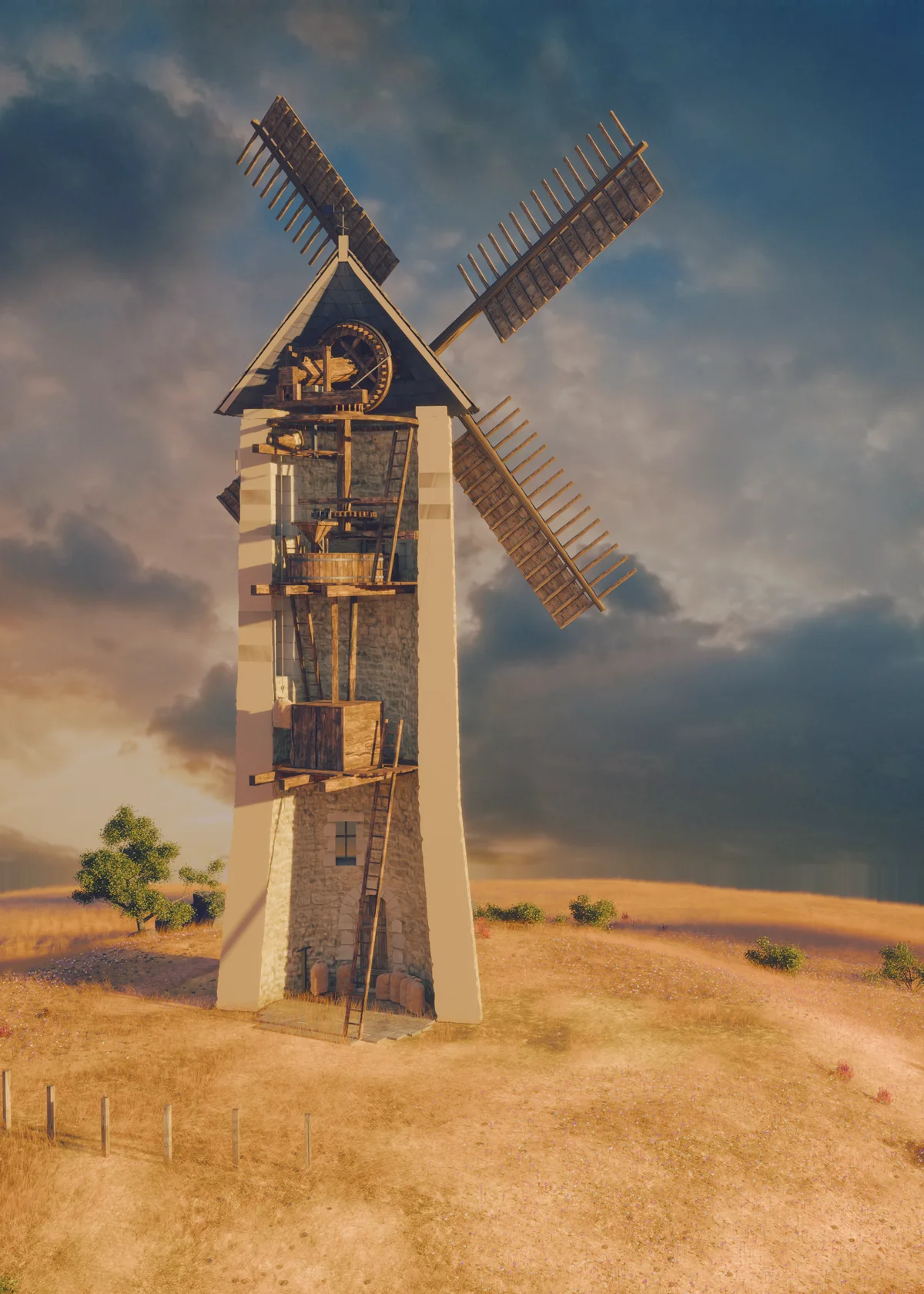 Vue en coupe du moulin en 1850 : les étages, les engrenages et les sacs de farine