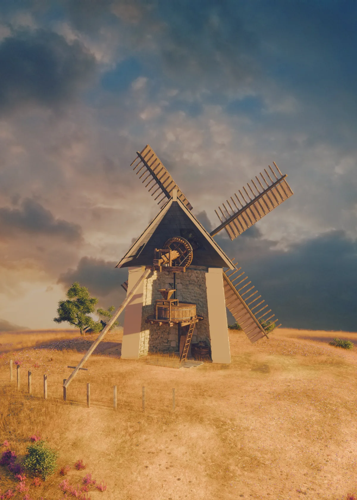 Vue en coupe du moulin au XVIIIe siècle : le rouet, l’arbre et les meules