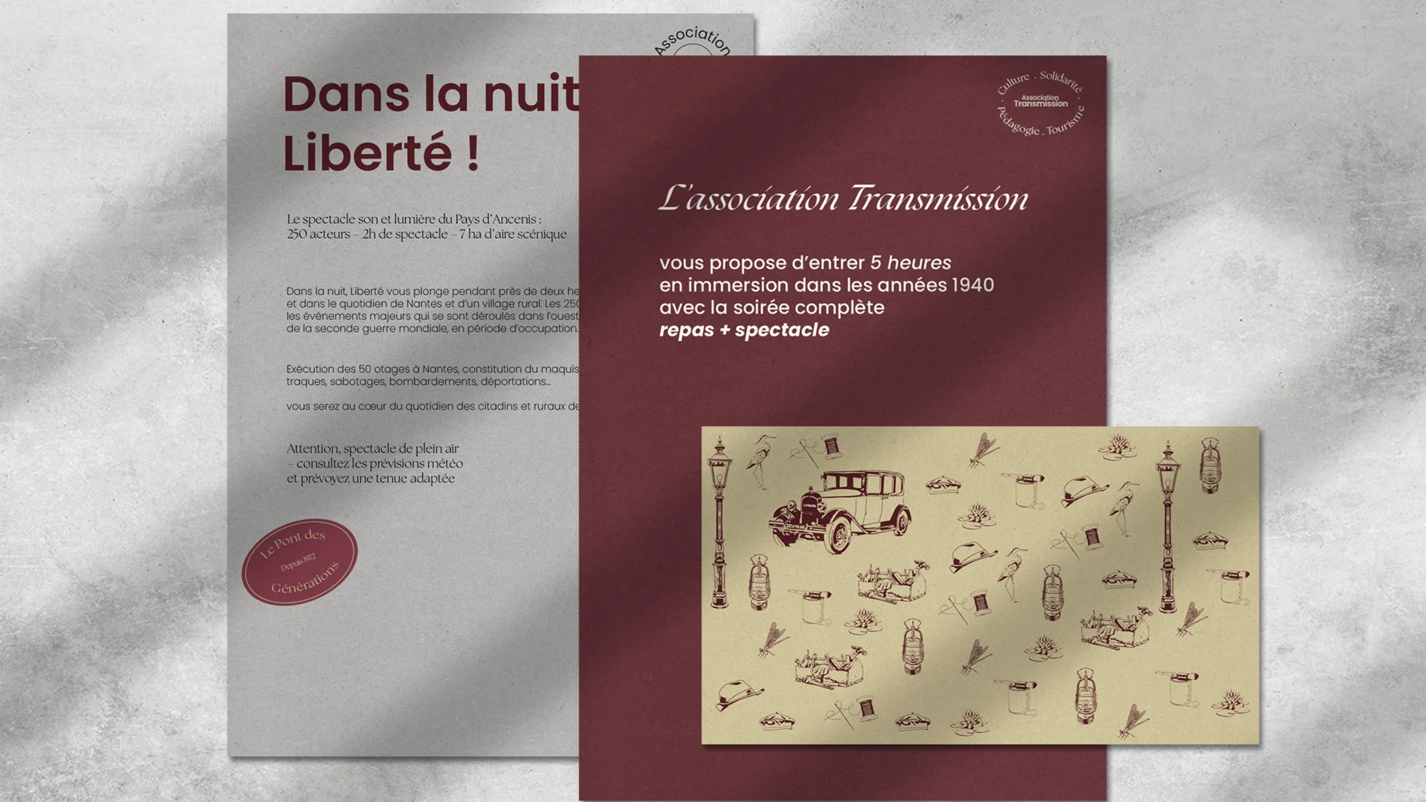 Les flyers du spectacle Dans la nuit, Liberté ! et le motif d'illustrations