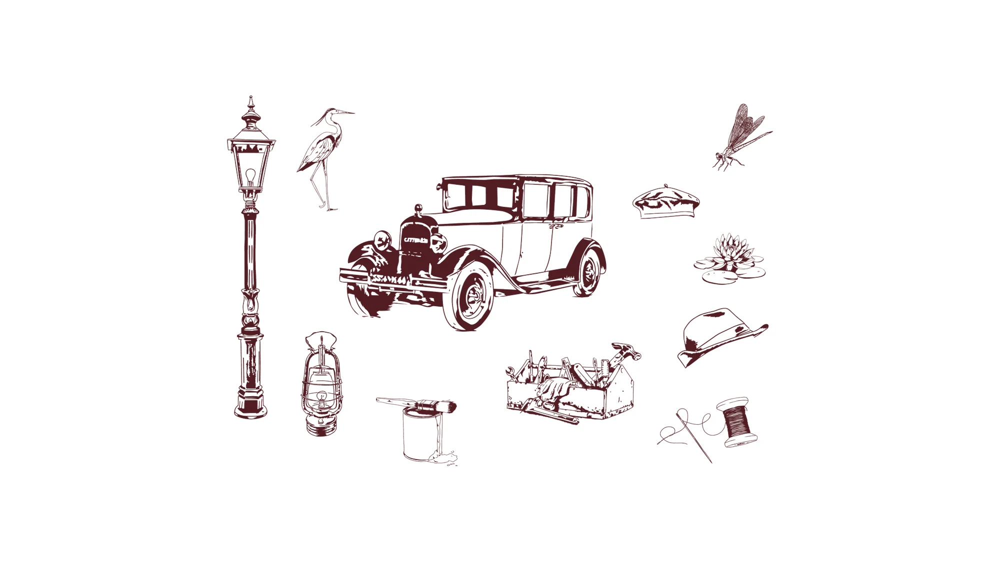 Série d'illustrations à la plume : lanterne, héron, voiture ancienne, béret, nénuphar, chapeau, boîte à outils, lampe tempête, pinceau, fil et aiguille, libellule