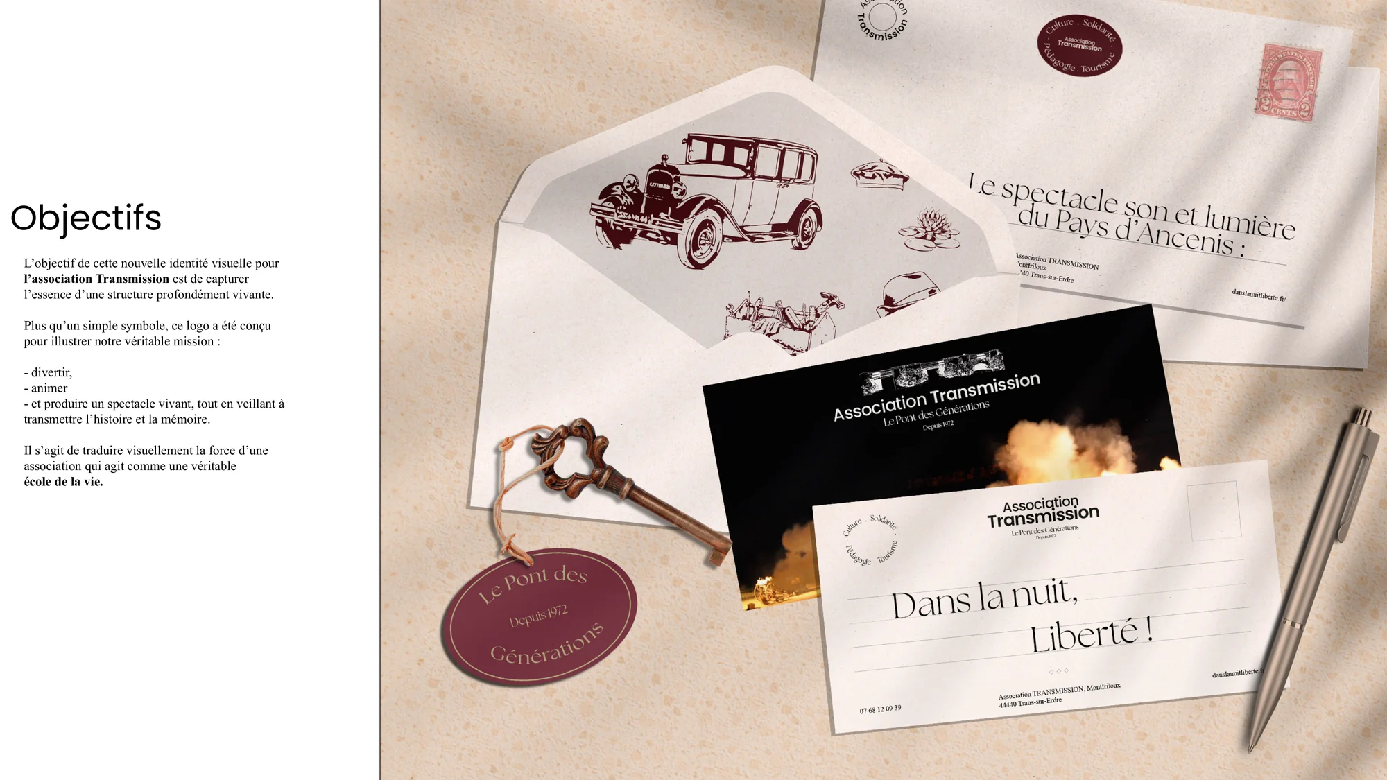 Enveloppe, cartes postales et étiquette aux couleurs de la marque